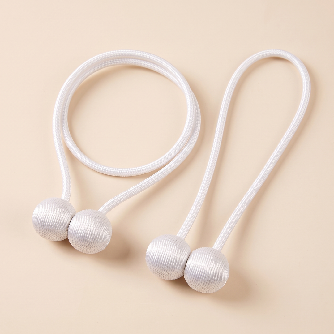 Magnetic Curtain Tiebacks – Set of 2 in White – pair side by side, one coiled round, one stretched long