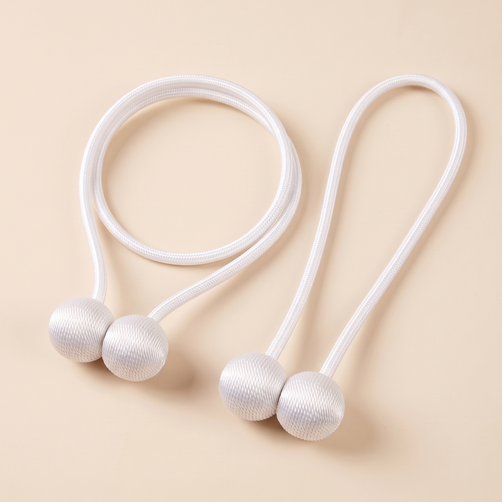 Magnetic Curtain Tiebacks – Set of 2 in White – pair side by side, one coiled round, one stretched long
