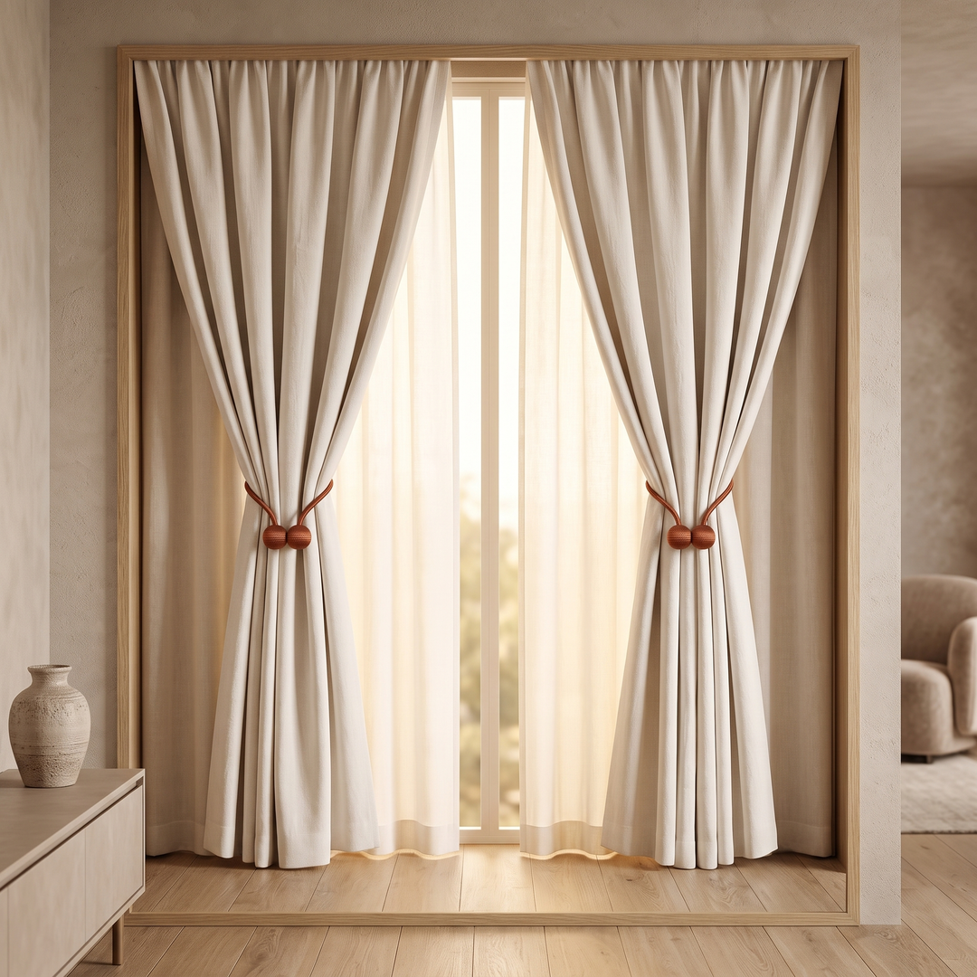 Magnetic Curtain Tiebacks – Set of 2 in Rust – holding back cream curtains on a sunlit window in a living room