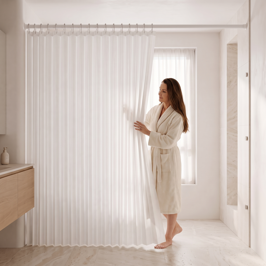 Walk-In Shower Curtain – Magnetic, Folding in White – woman in bathrobe gently pulling the curtain aside