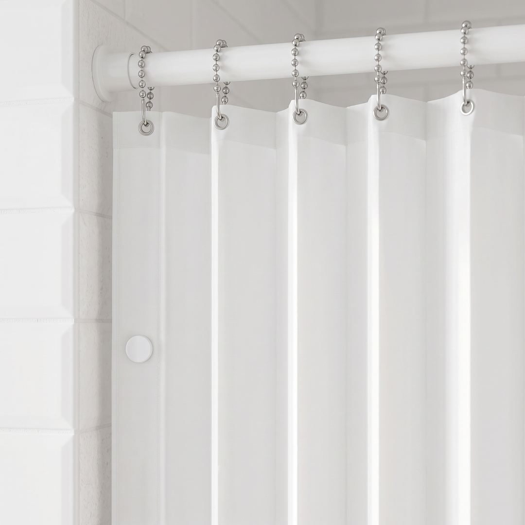 Walk-In Shower Curtain – Magnetic, Folding in White – close-up of top corner with ball-chain hooks on rod