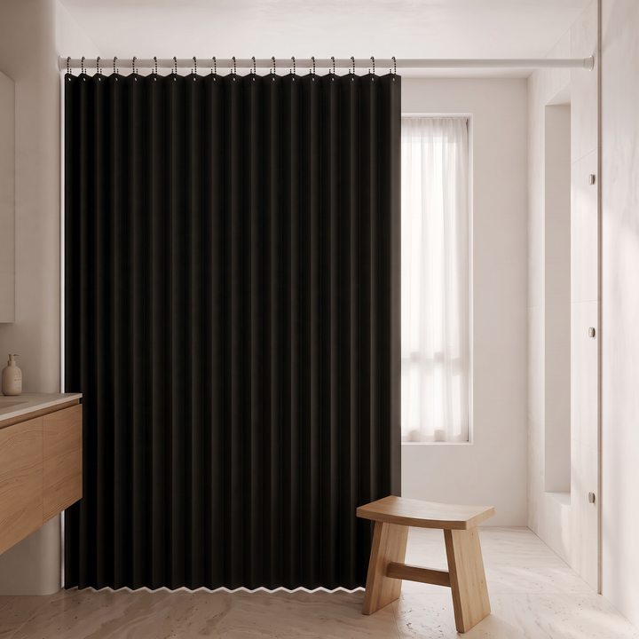 Walk-In Shower Curtain – Magnetic, Folding in Black – full-length drop with a wooden stool in the foreground
