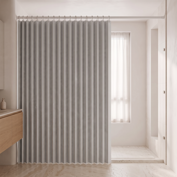Walk-In Shower Curtain – Magnetic, Folding in Gray – pulled across shower opening beside a wooden vanity