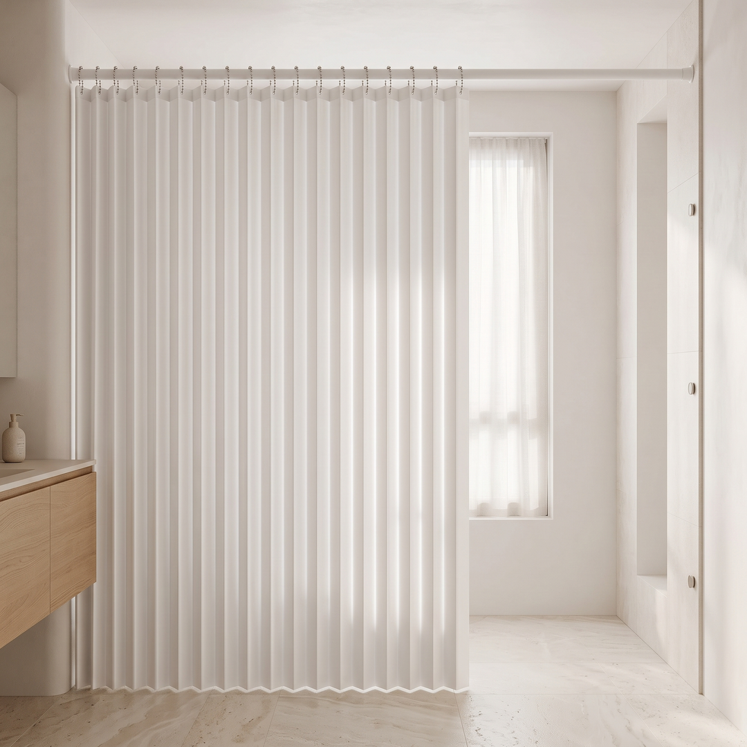 Walk-In Shower Curtain – Magnetic, Folding in White – hanging from a rod in a bright minimalist bathroom beside a window