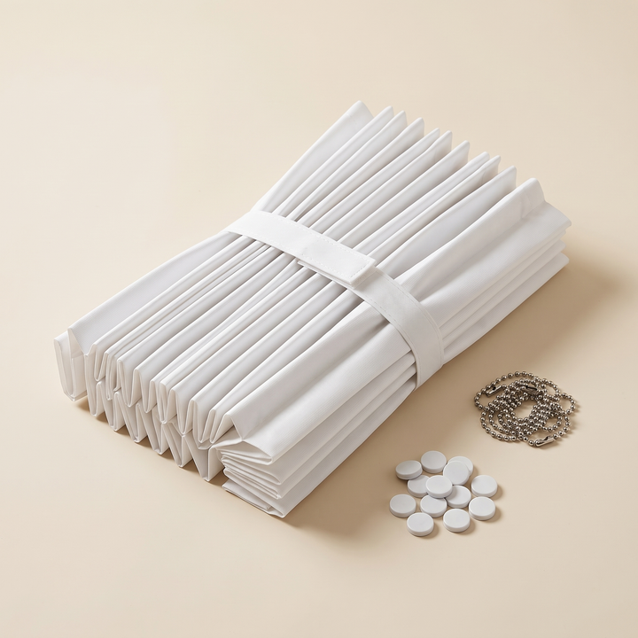 Walk-In Shower Curtain – Magnetic, Folding in White – folded and banded with magnetic discs and bead chain beside it
