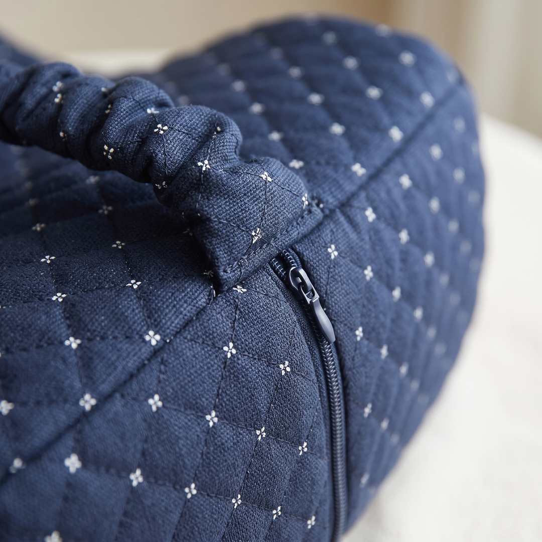 Memory Foam Knee Pillow with Strap in Navy Blue – close-up of quilted fabric, zipper and gathered carry handle