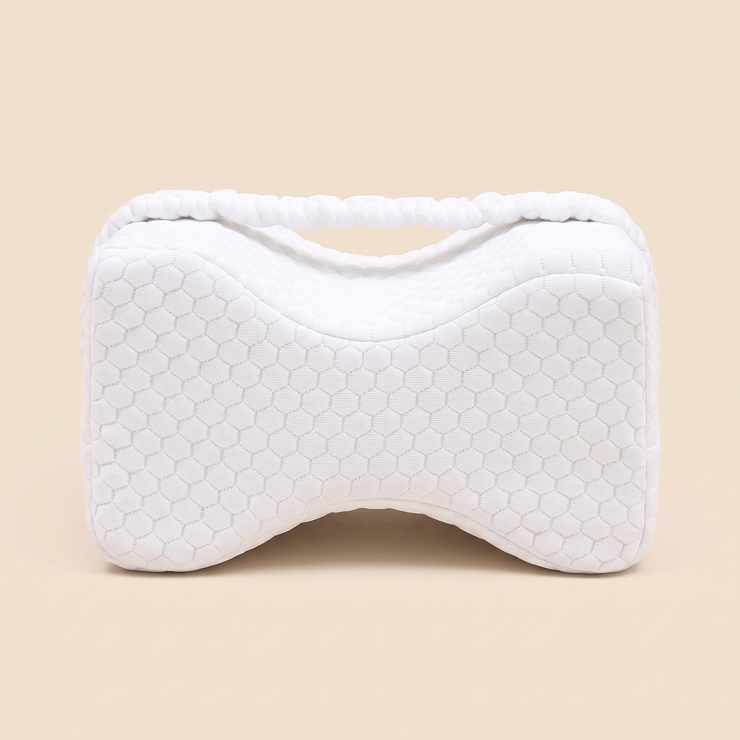 Memory Foam Knee Pillow with Strap in White – front view centered on a plain beige background