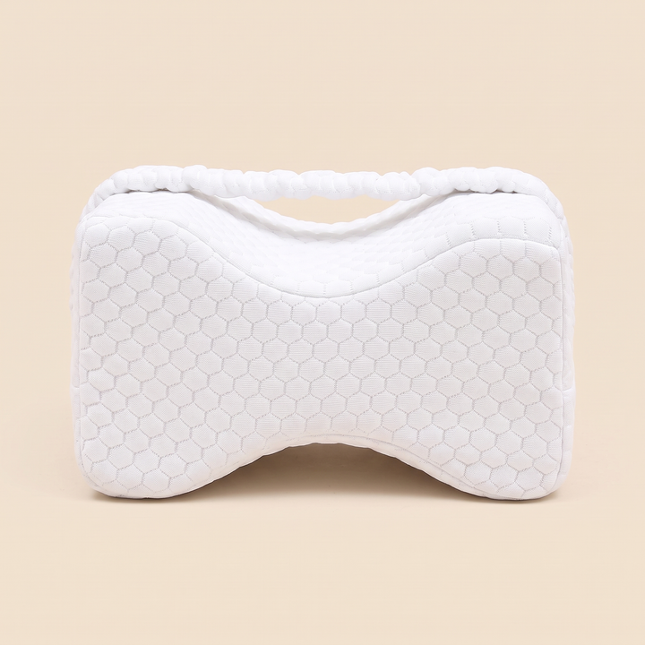 Memory Foam Knee Pillow with Strap in White – front view centered on a plain beige background