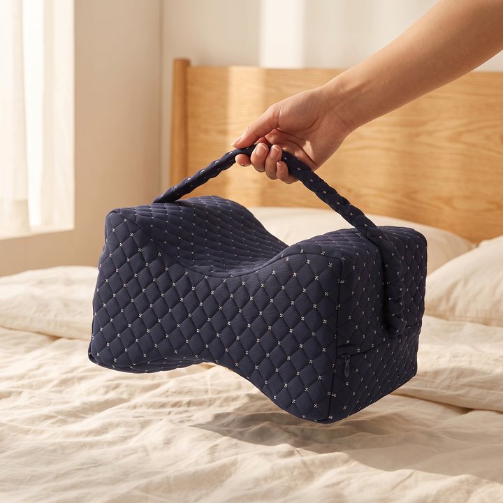 Memory Foam Knee Pillow with Strap in Navy Blue – held up by its strap above a bed in a bedroom