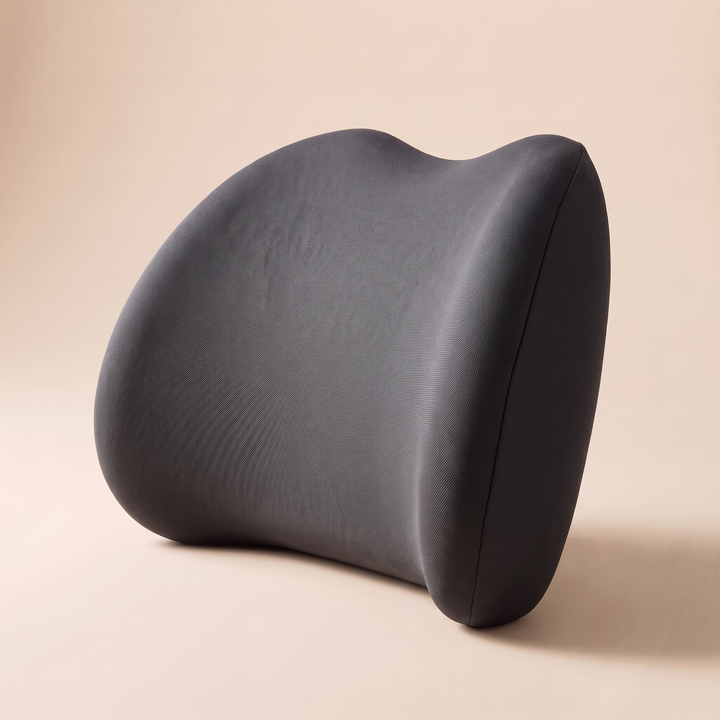 Memory Foam Lumbar Pillow in Charcoal – side view showing the contoured profile and soft cast shadow