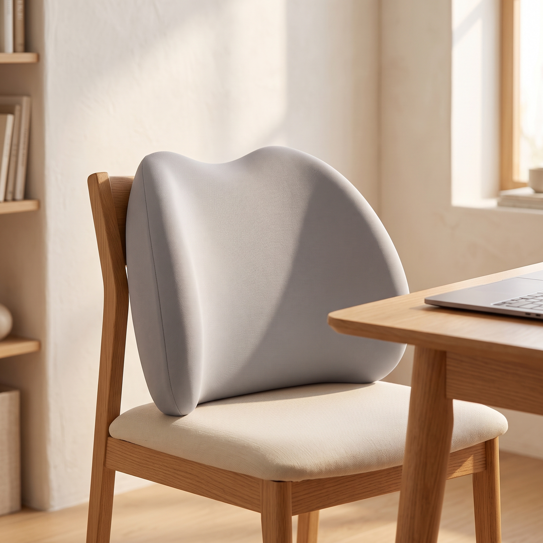 Memory Foam Lumbar Pillow in Gray – strapped to a wooden dining chair beside a desk