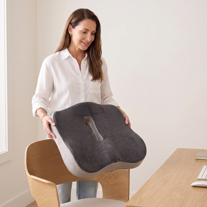 Memory Foam Seat Cushion in Dark Gray – held by a smiling woman beside a desk and chair