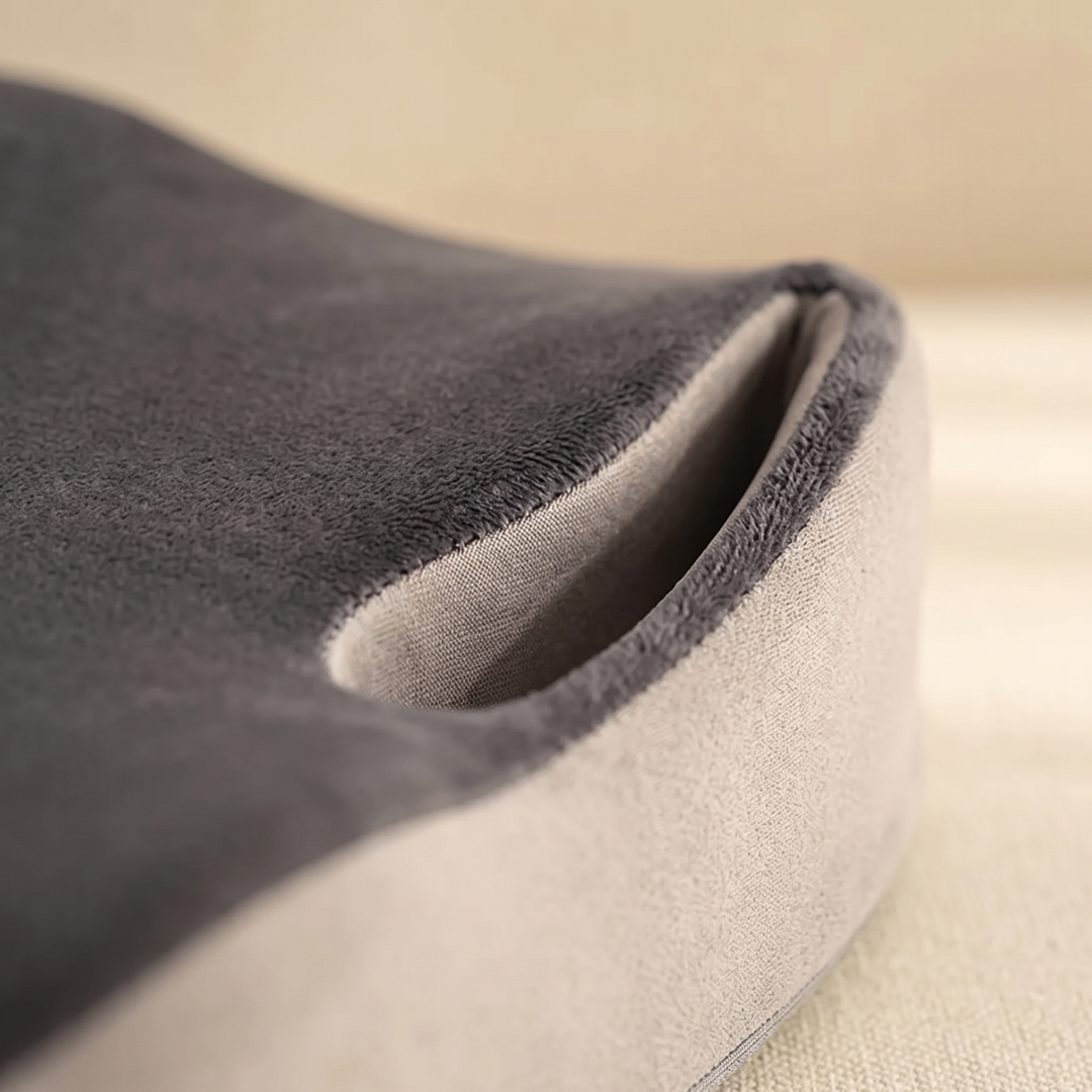 Memory Foam Seat Cushion in Dark Gray – close-up of the cutout notch and plush edge