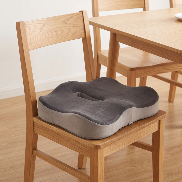 Memory Foam Seat Cushion in Dark Gray – on a wooden dining chair beside a table