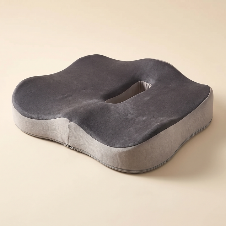 Memory Foam Seat Cushion in Dark Gray – angled top view on a plain beige background