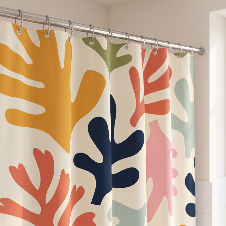 Mid-Century Modern Shower Curtain – Abstract Art in Cream Leaf Cut-Outs – close-up of top folds gathered on metal rings and rod