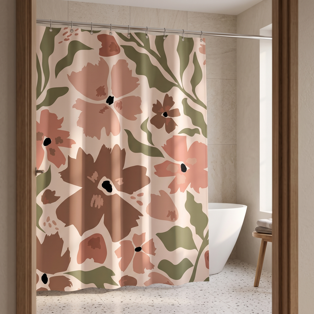Mid-Century Modern Shower Curtain – Abstract Art in Blush Floral – seen through a wooden doorway, with a tub beyond