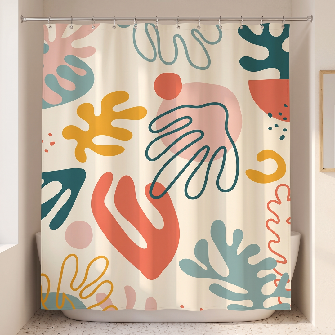 Mid-Century Modern Shower Curtain – Abstract Art in Cream Abstract Shapes – straight-on view beside a wall frame and speckled floor