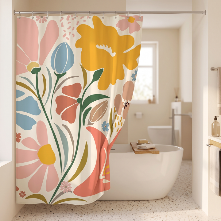 Mid-Century Modern Shower Curtain – Abstract Art in Cream Blossom – wide bathroom view with freestanding tub and wooden tray