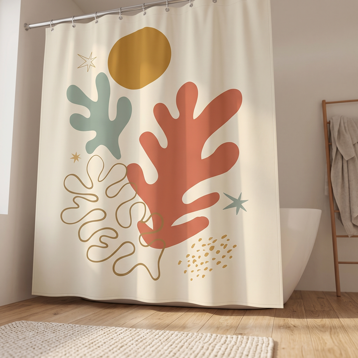 Mid-Century Modern Shower Curtain – Abstract Art in Cream Leaf &amp; Sun – low angle beside a towel ladder, with a textured rug in front