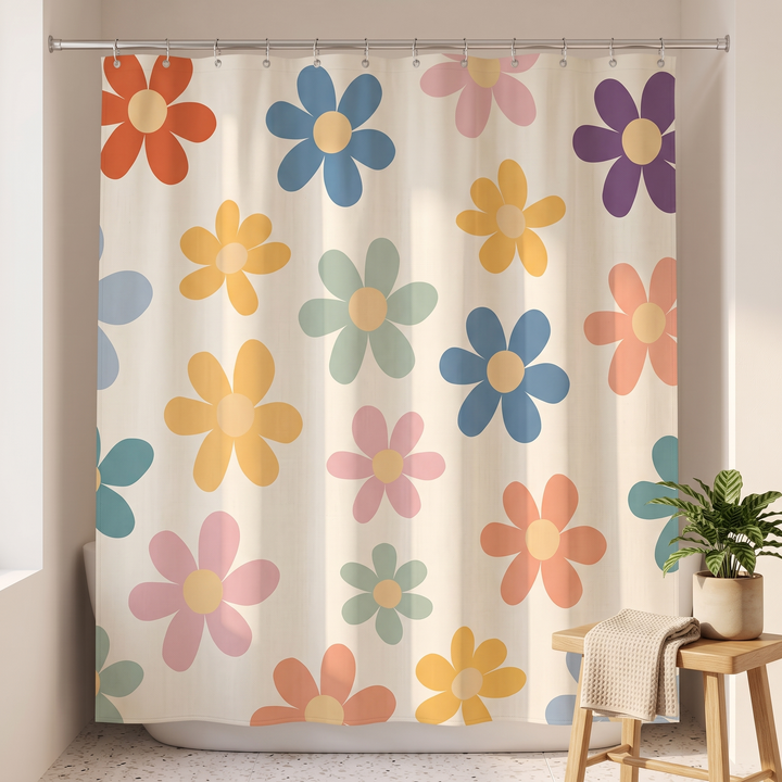 Mid-Century Modern Shower Curtain – Abstract Art in Cream Pastel Daisy – beside a wooden stool with a potted plant and towel
