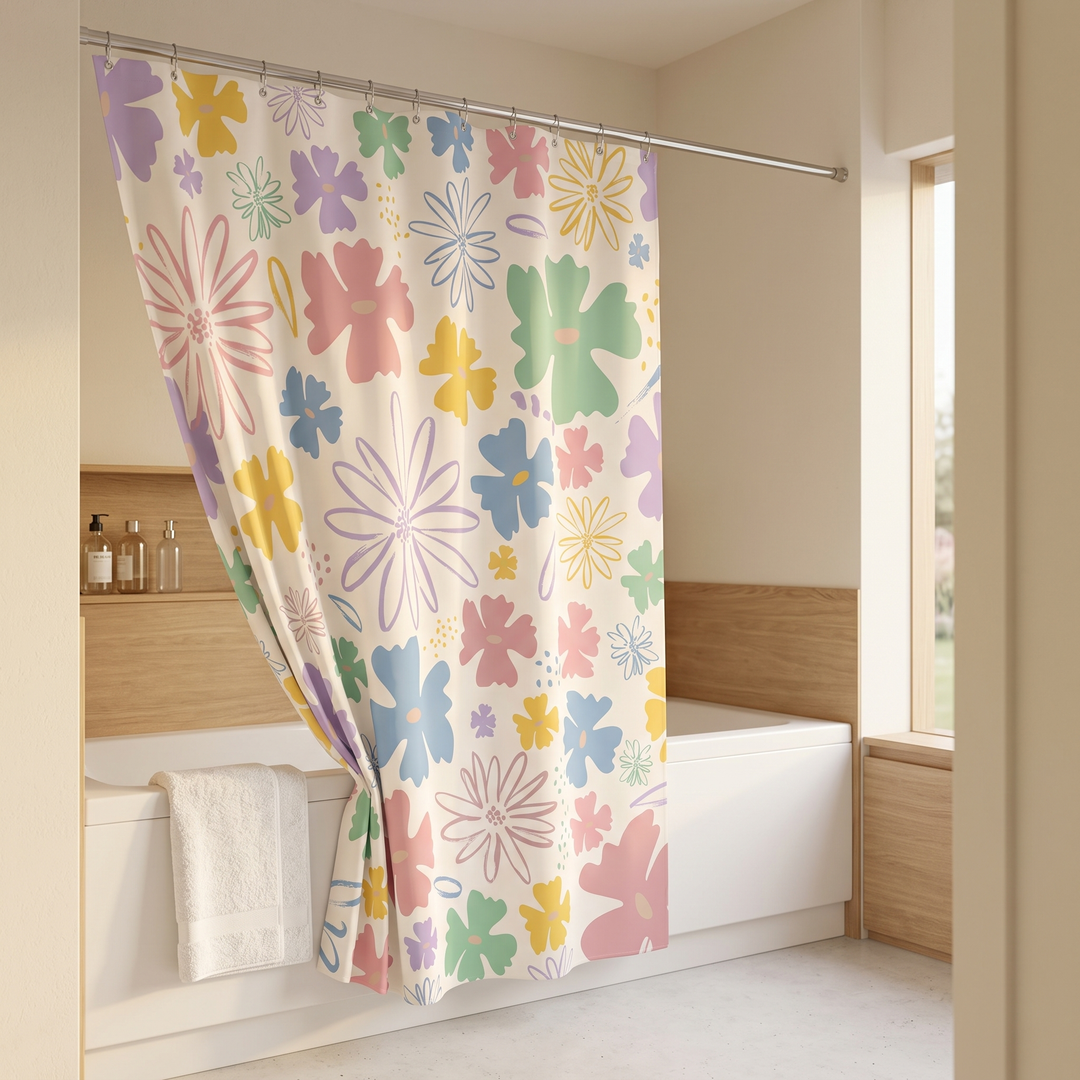 Mid-Century Modern Shower Curtain – Abstract Art in Cream Wildflower – swept aside to reveal a towel draped on the tub