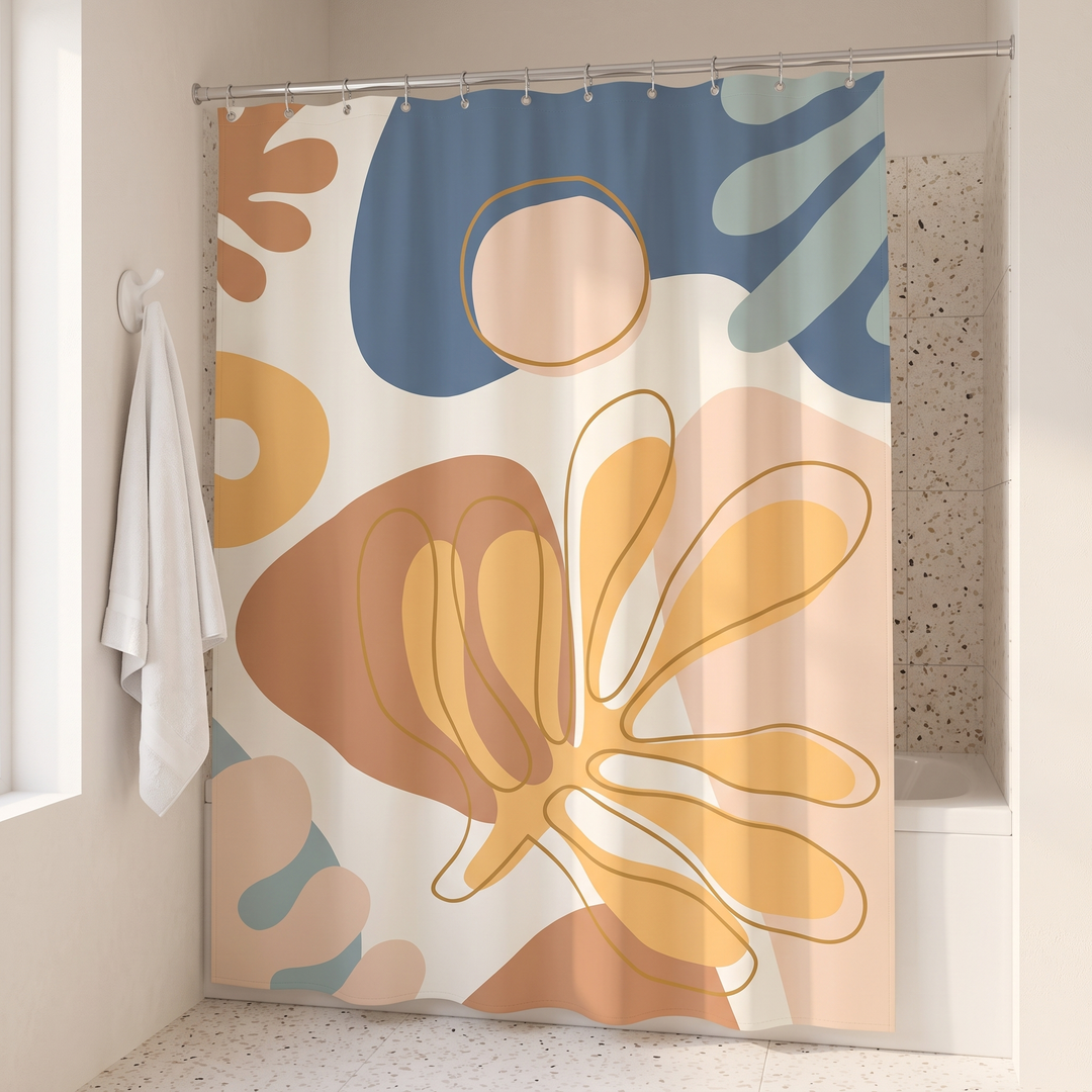 Mid-Century Modern Shower Curtain – Abstract Art in Dusty Blue Abstract – beside a white towel on a hook, terrazzo shower wall
