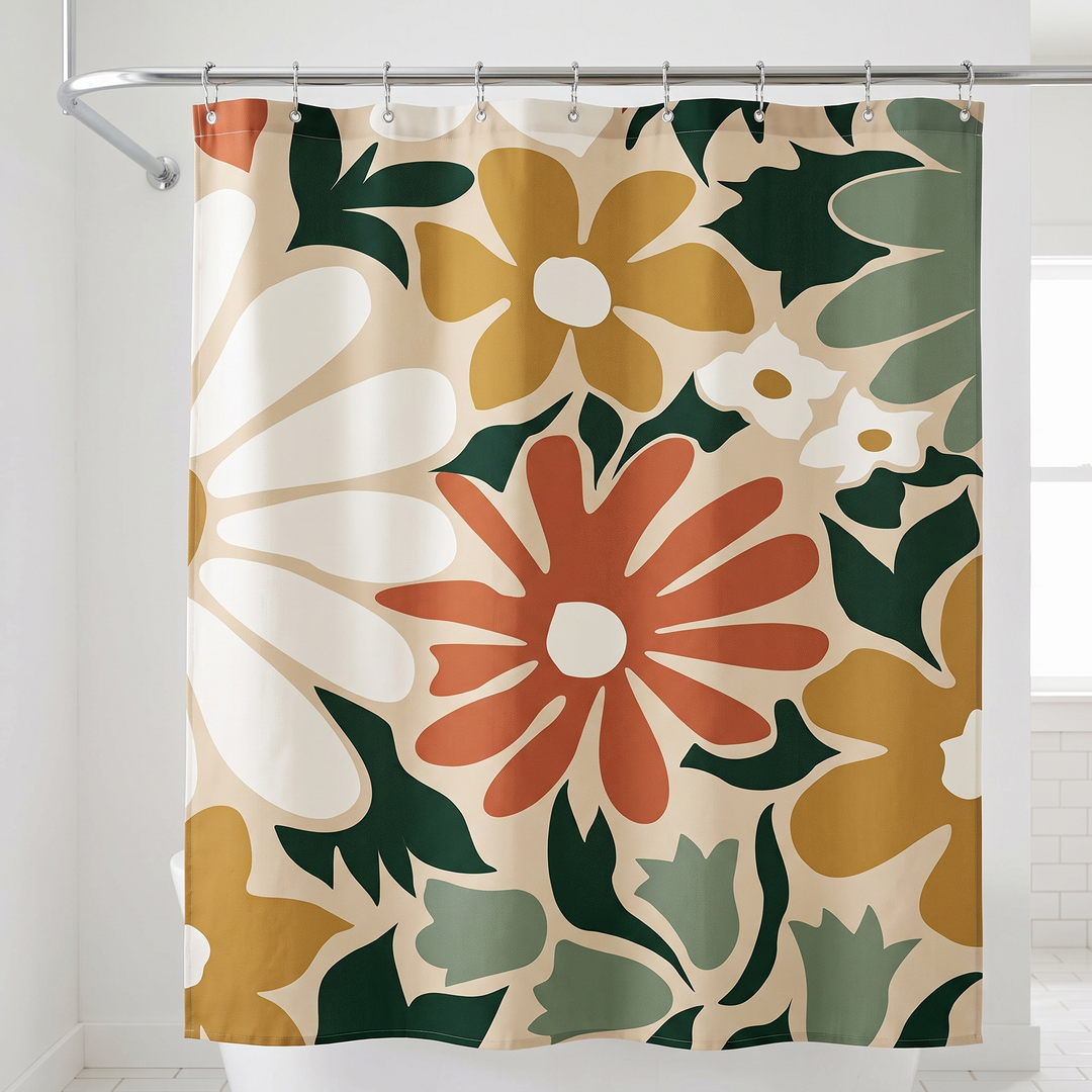 Mid-Century Modern Shower Curtain – Abstract Art in Green Daisy – hanging from a curved rod beside a bright window