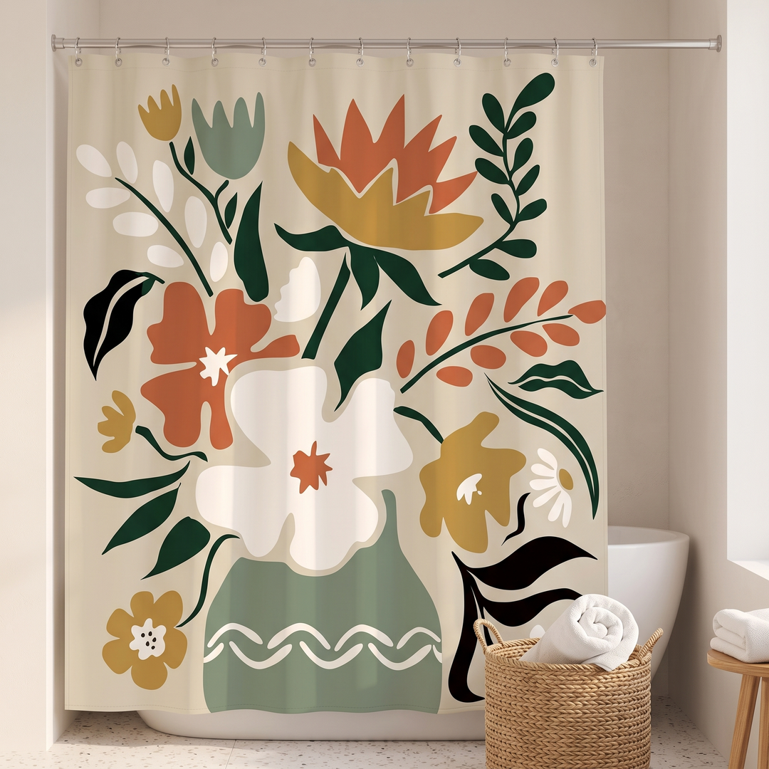Mid-Century Modern Shower Curtain – Abstract Art in Sand Flower Vase – fully closed, with a woven basket holding rolled towels in front