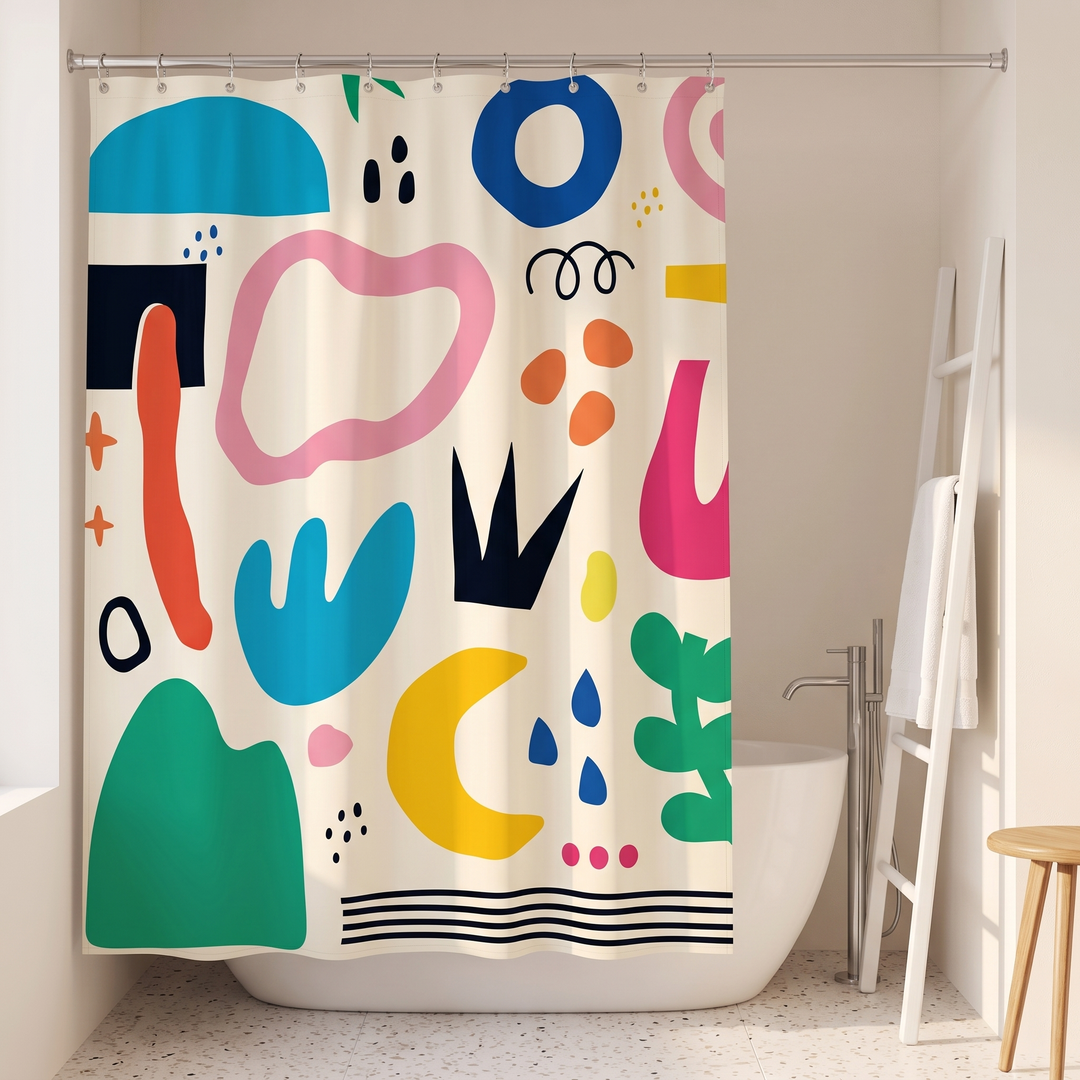 Mid-Century Modern Shower Curtain – Abstract Art in White – Bright Shapes – closed, with a chrome floor-mounted tub faucet visible at right
