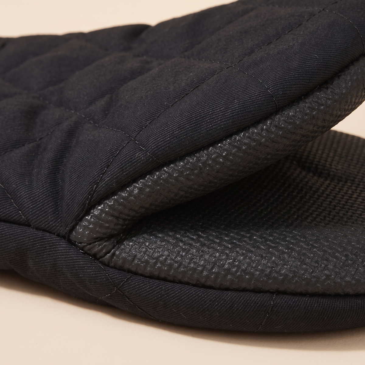 Mini Oven Mitts – Quilted, Pair in Black – close-up of quilted edge and textured silicone grip surface
