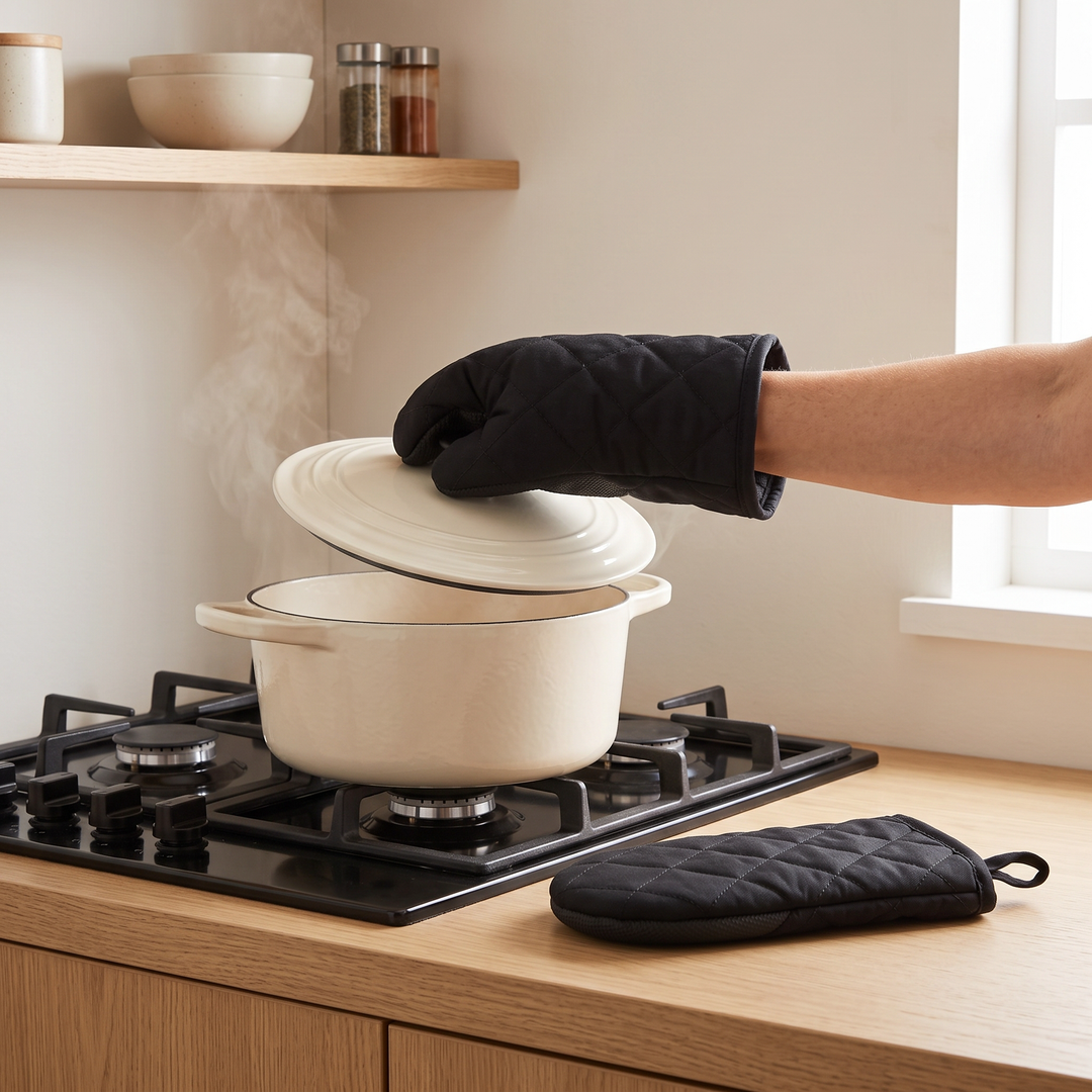 Mini Oven Mitts – Quilted, Pair in Black – worn lifting a pot lid above a steaming gas hob