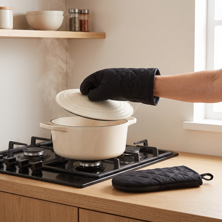 Mini Oven Mitts – Quilted, Pair in Black – worn lifting a pot lid above a steaming gas hob