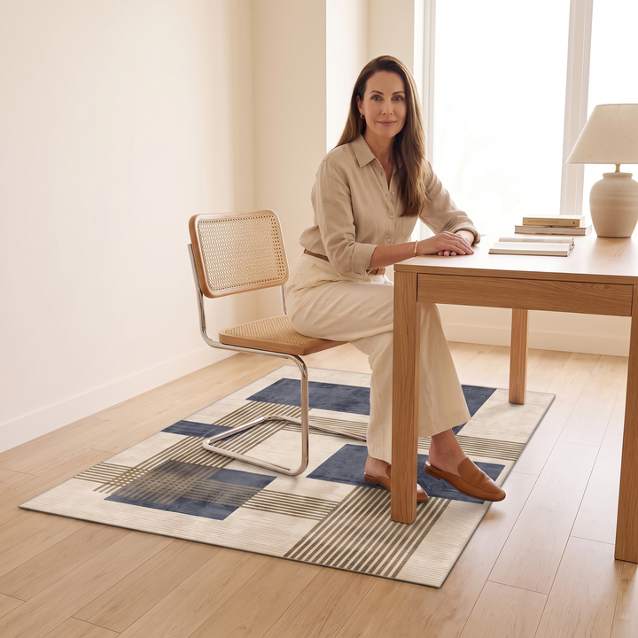 Modern Geometric Rug – Washable in Navy Blue – under a cane chair at a wooden desk with a seated woman