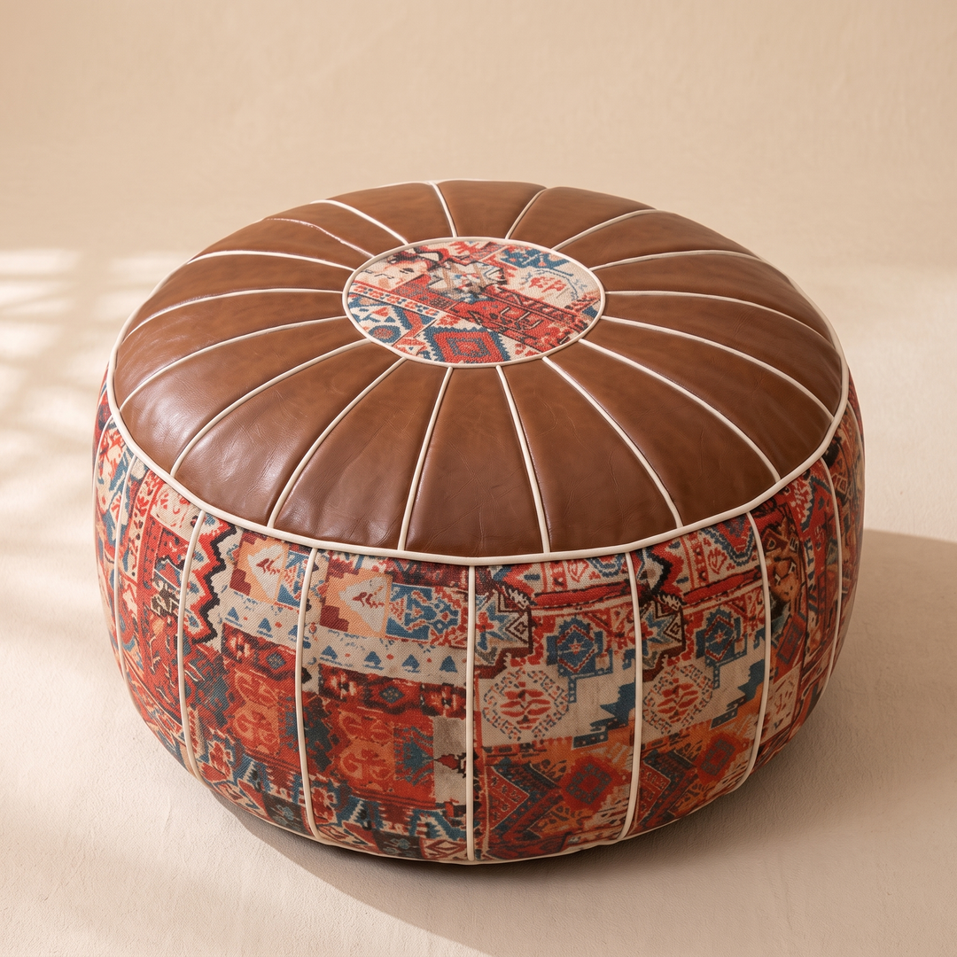 Moroccan Pouf Cover – Unstuffed in Brown – Kilim – angled view in dappled window light with soft shadows