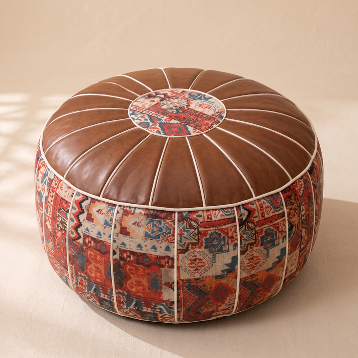 Moroccan Pouf Cover – Unstuffed in Brown – Kilim – angled view in dappled window light with soft shadows