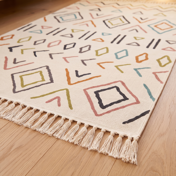 Moroccan-Style Rug with Tassels – Flat Woven in Cream Geometric – low angle close-up of tasseled edge and printed shapes