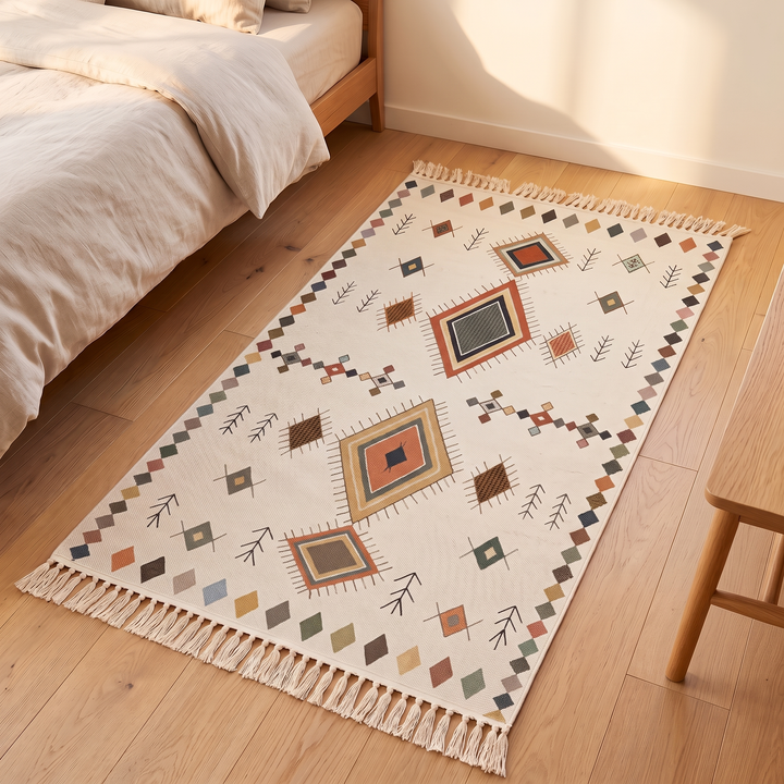 Moroccan-Style Rug with Tassels – Flat Woven in Cream Berber – high-angle view of full rug beside wooden chair