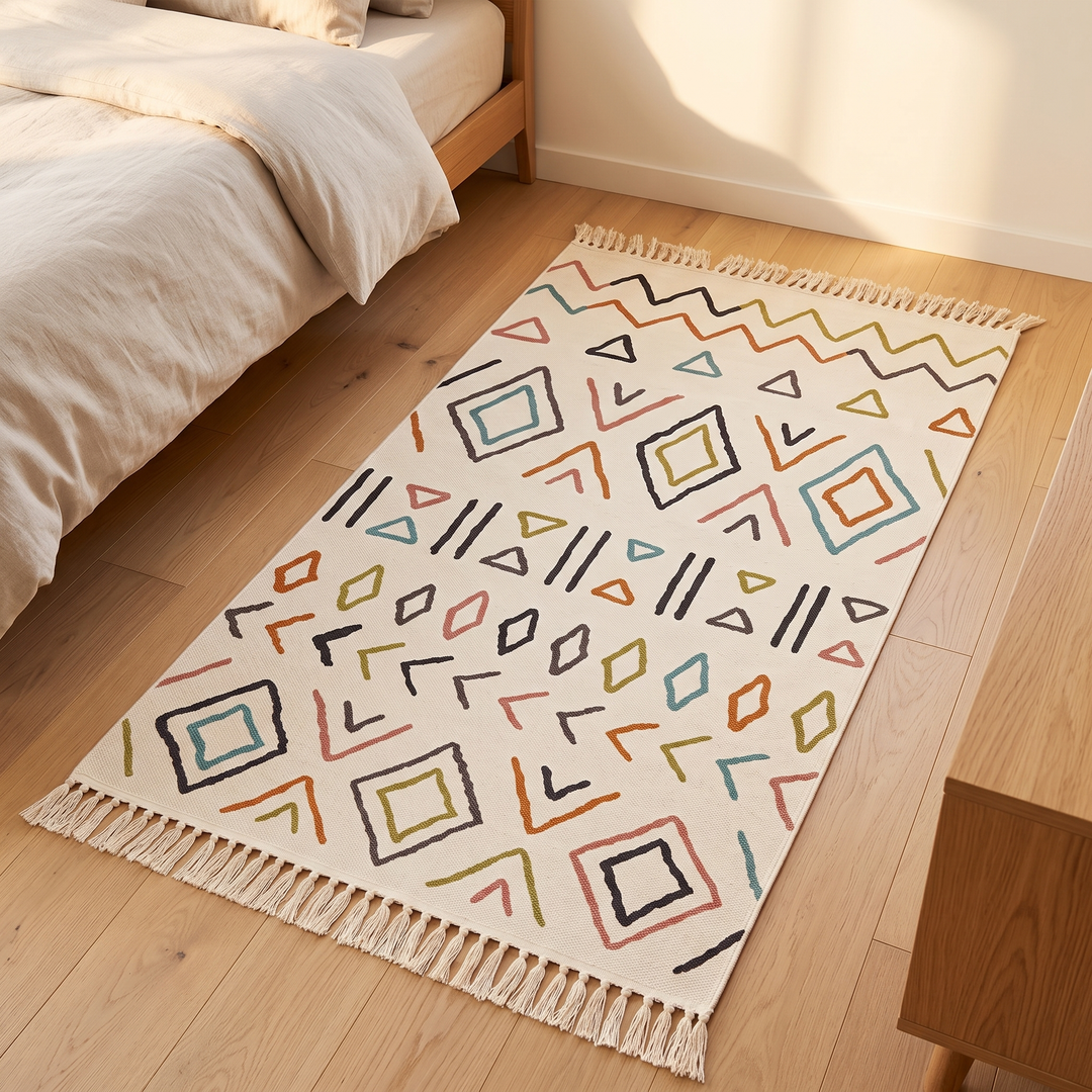 Moroccan-Style Rug with Tassels – Flat Woven in Cream Geometric – on a wood floor beside a bed in sunlight