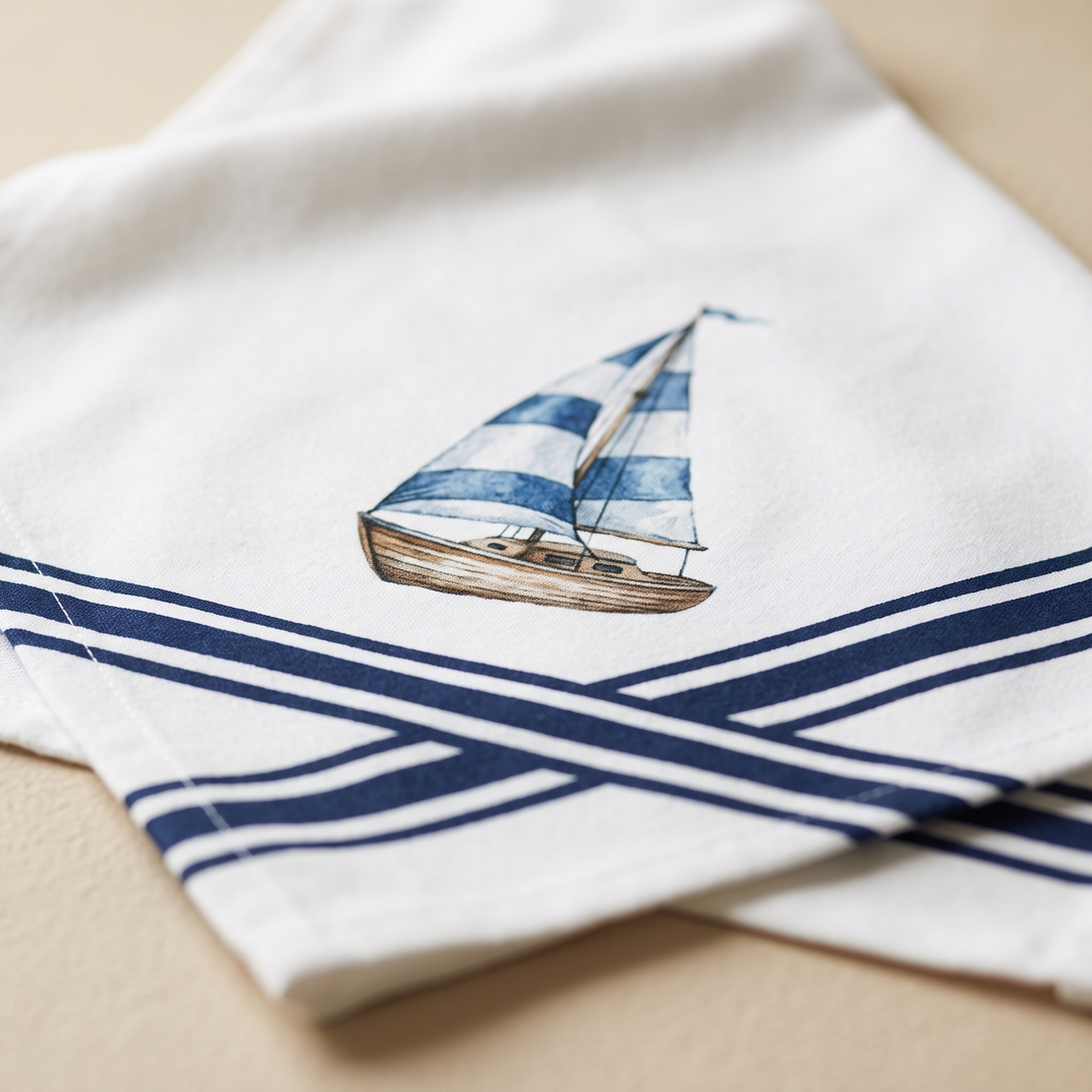 Nautical Kitchen Towels – Set of 2 in Navy Ship Wheel &amp; Sailboat – close-up of sailboat print and striped border on folded towel