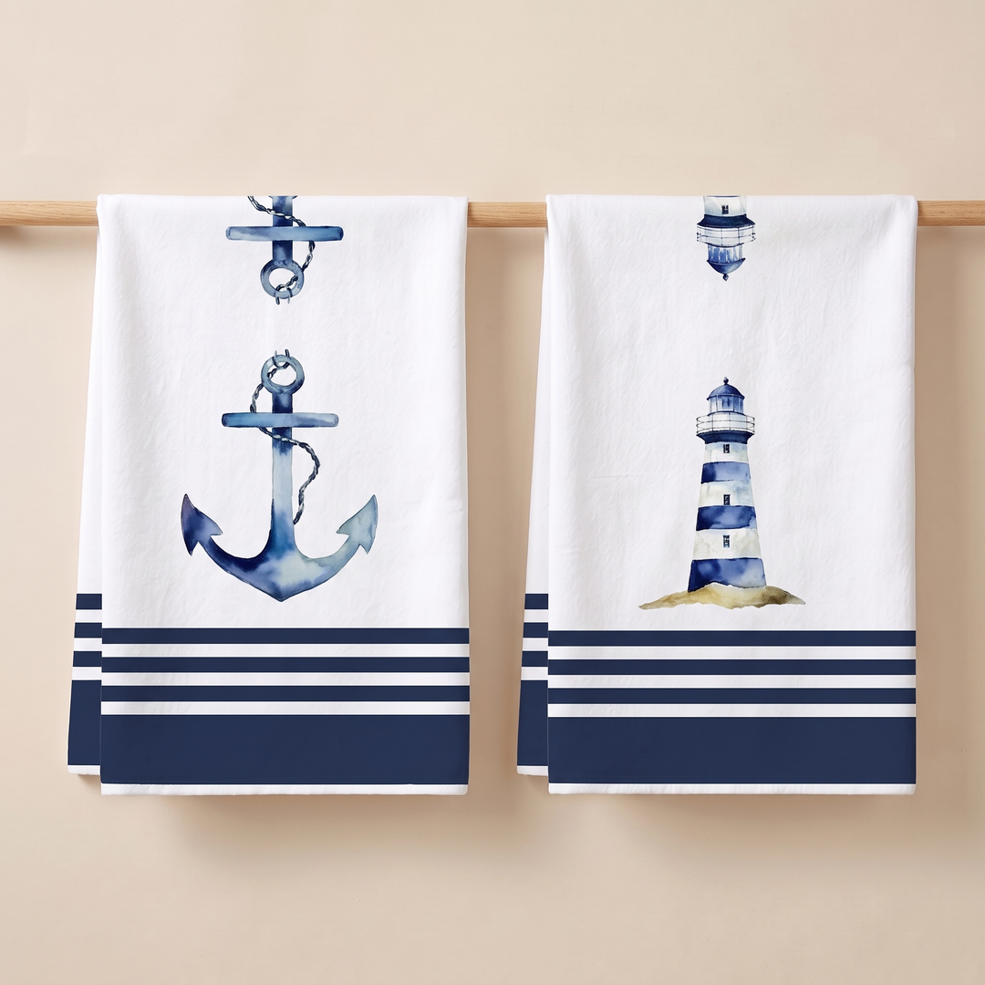 Nautical Kitchen Towels – Set of 2 in Navy Anchor &amp; Lighthouse – two towels hanging side by side over a wooden rod