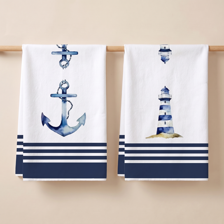 Nautical Kitchen Towels – Set of 2 in Navy Anchor &amp; Lighthouse – two towels hanging side by side over a wooden rod