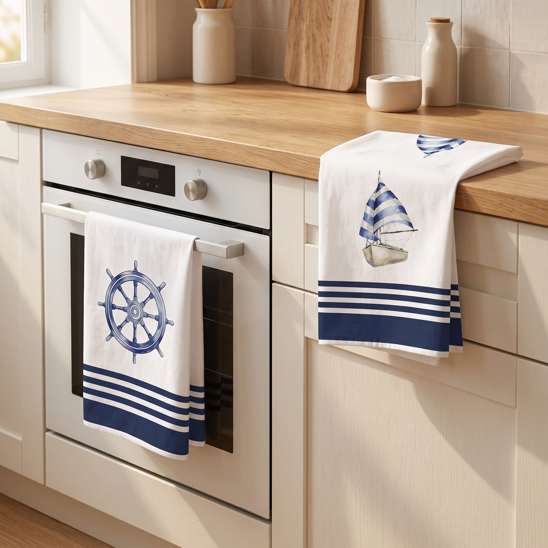 Nautical Kitchen Towels – Set of 2 in Navy Ship Wheel &amp; Sailboat – hanging on an oven door and countertop edge in a kitchen