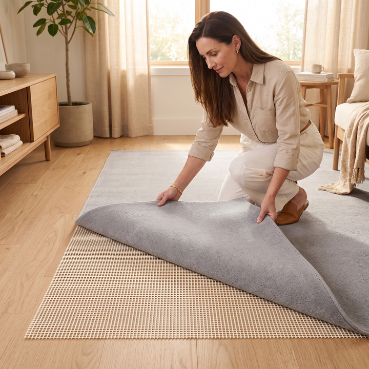 Non-Slip Rug Pad – Cut to Size in Cream – woman kneeling and lifting a rug in a sunlit living room