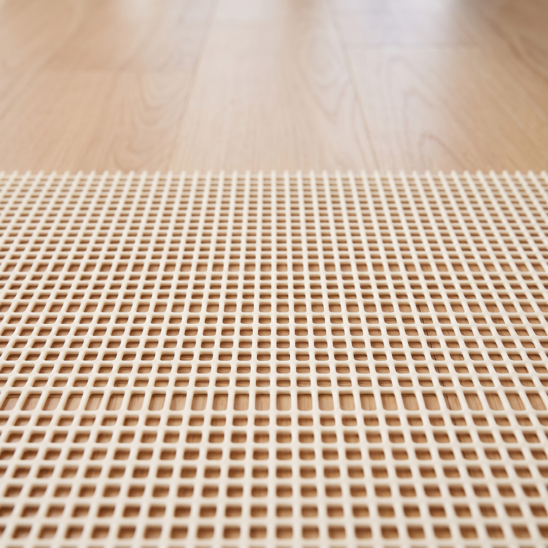 Non-Slip Rug Pad – Cut to Size in Cream – low-angle close-up of grid mesh on light wood flooring
