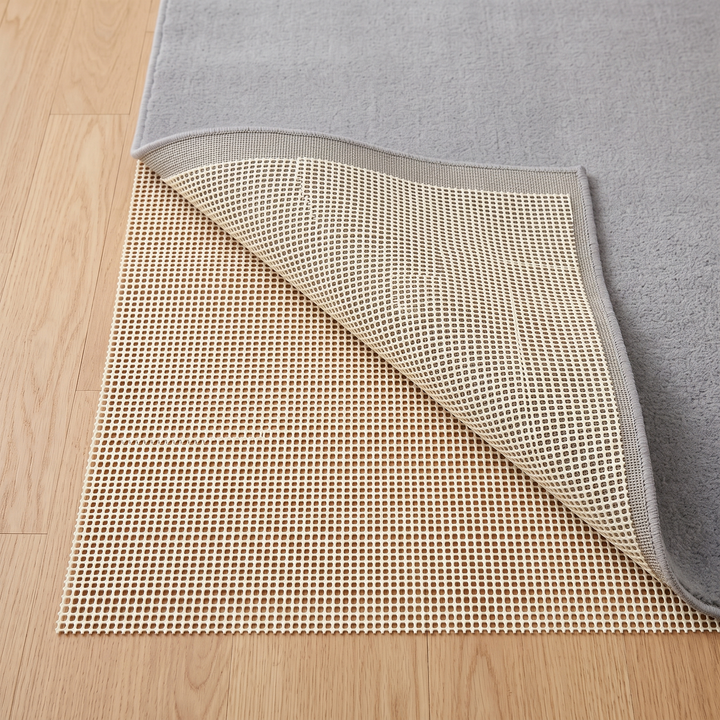 Non-Slip Rug Pad – Cut to Size in Cream – under a gray rug with corner folded back on wood floor
