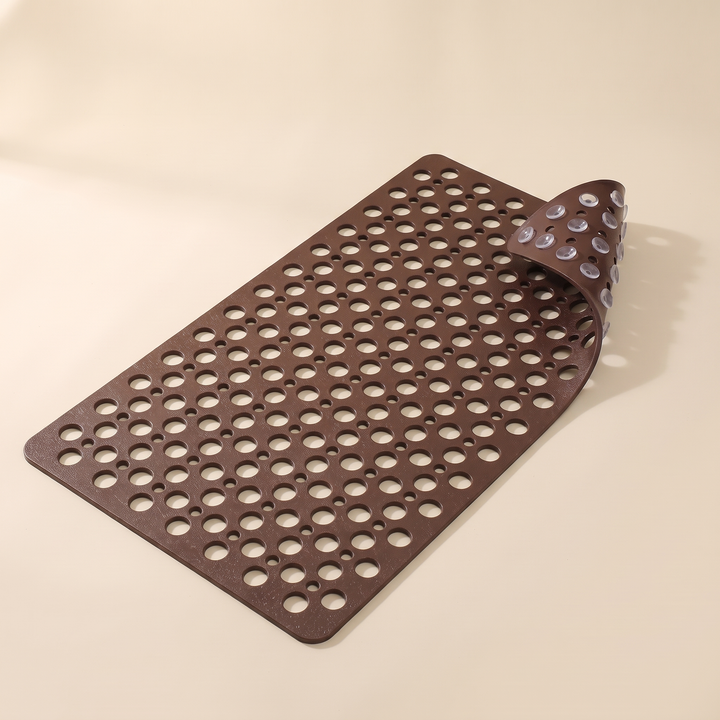 Non-Slip Shower Mat with Suction Cups in Chocolate Brown – corner curled upward revealing suction cups on the underside
