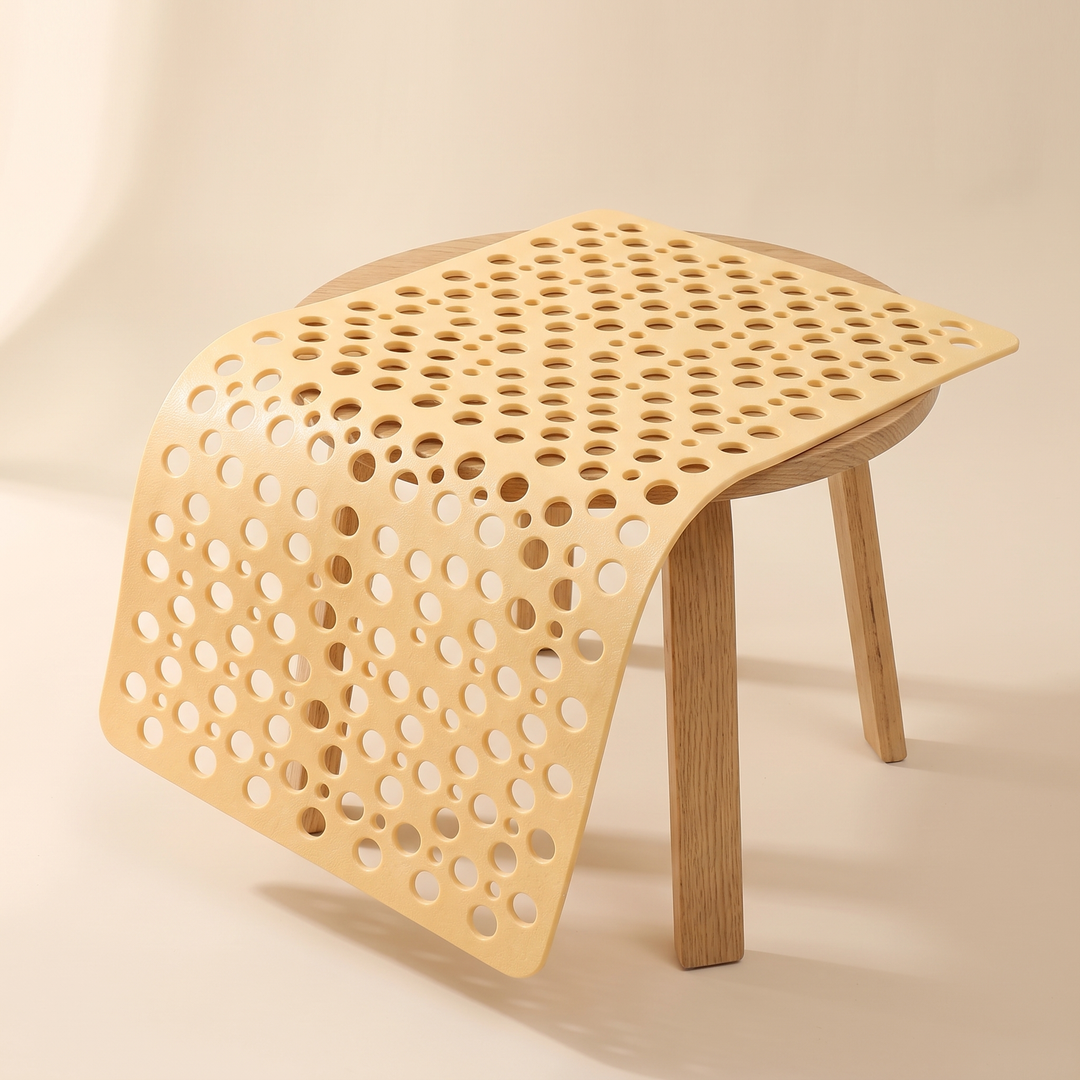 Non-Slip Shower Mat with Suction Cups in Light Yellow – draped over a round wooden stool with oak legs