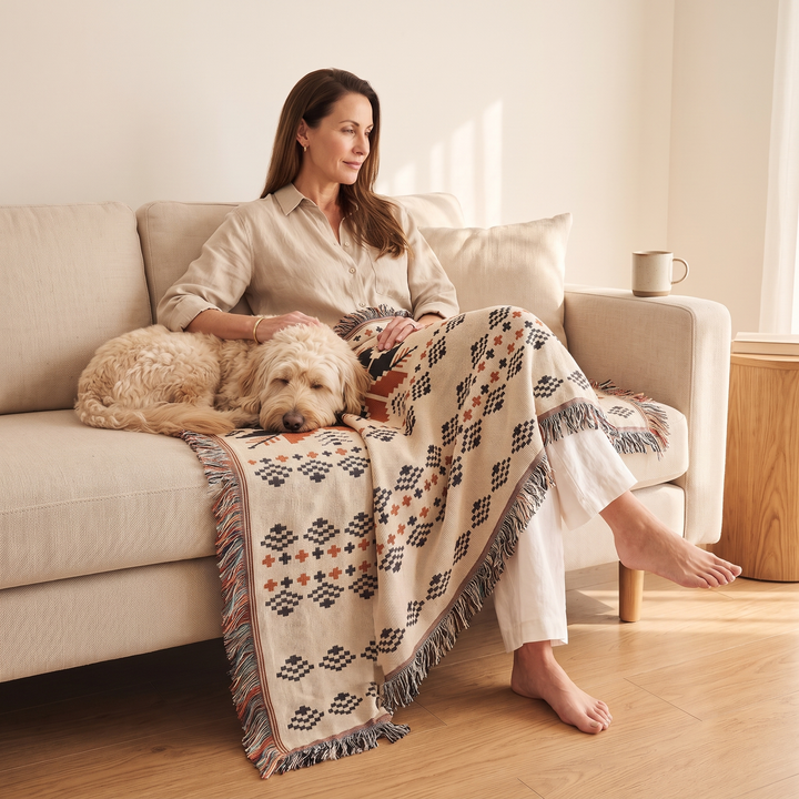 Nordic Snowflake Throw Blanket – Woven in Cream Snowflake – covering a seated woman&