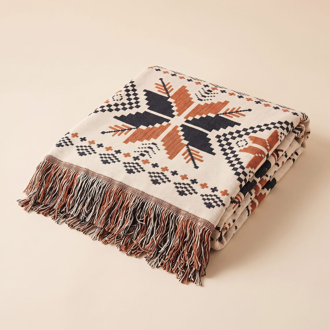 Nordic Snowflake Throw Blanket – Woven in Cream Snowflake – folded neatly on a plain beige studio background